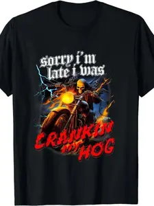 Men's Dark Motorcycle Style 'crankin My Hog' Fun Print Casual Short Sleeve T-Shirt, Comfortable Summer Wear for Outdoor Activities, Casual Streetwear Top