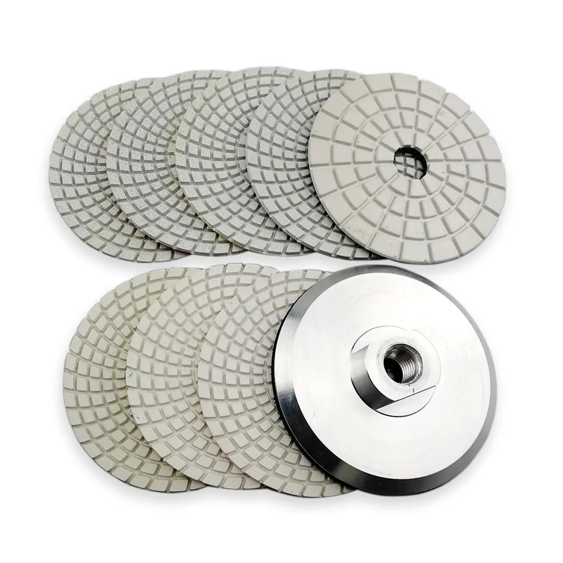 Flexible Diamond Polishing Pads Set - 4-Inch (100mm) 8-Piece Wet Pads with 5/8 Inch-11 Thread Aluminum Backer for Marble, Granite Different Shape Applications