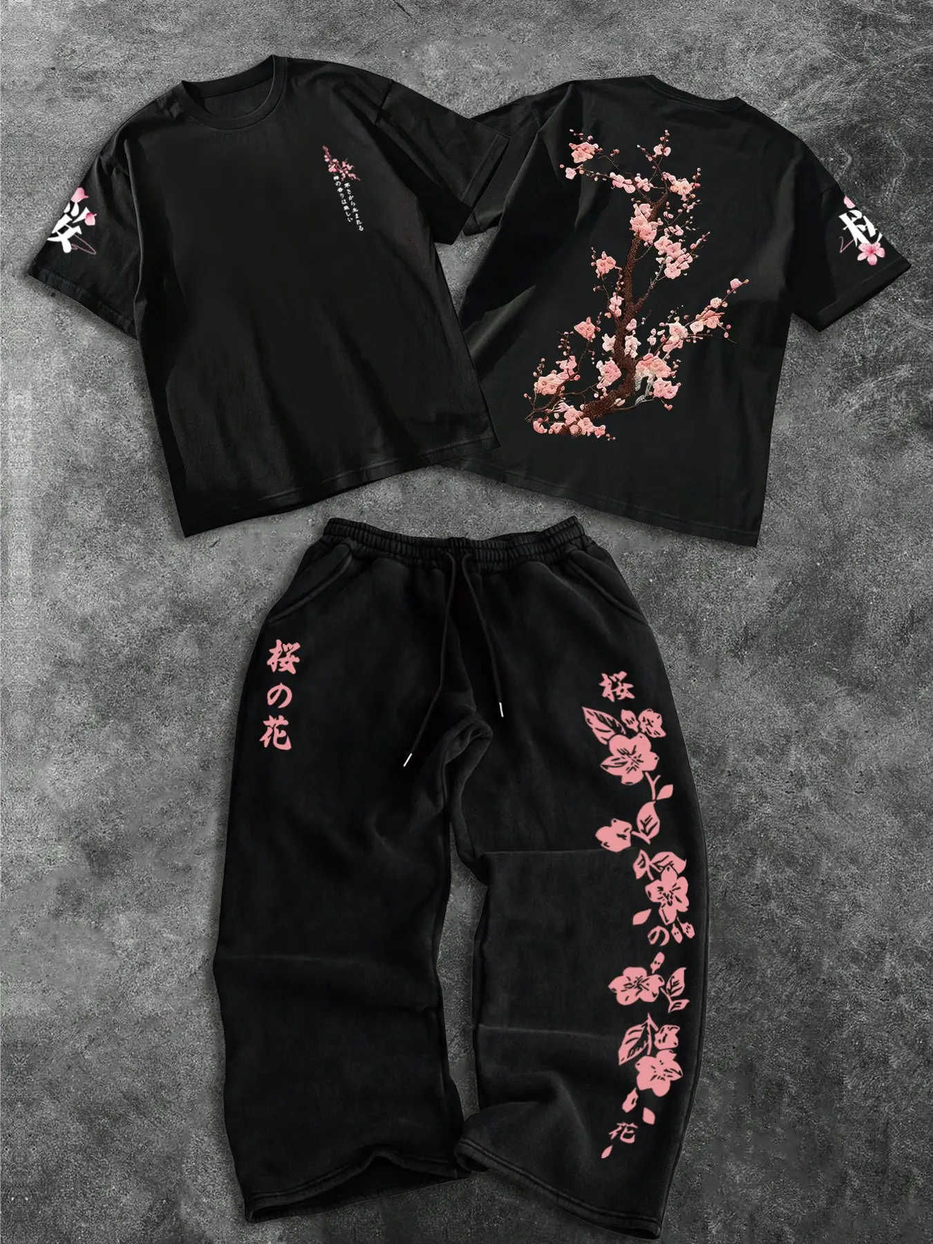 Men's Fashion Casual Menswear Two-Piece Set Outfit, Floral Sakura Pattern Print Regular Fit T-Shirt, Summer Loose Fit Short Sleeve Round Neck Tee & Long Pants Clothes, Style Icon Set Trouser Set