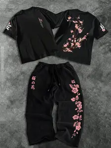 Men's Fashion Casual Menswear Two-Piece Set Outfit, Sakura Pattern Print Regular Fit T-Shirt, Summer Loose Fit Short Sleeve Round Neck Tee & Long Pants Clothes