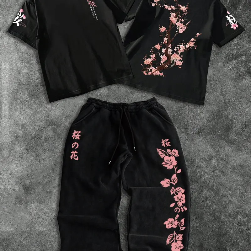 Men's Fashion Casual Menswear Two-Piece Set Outfit, Floral Sakura Pattern Print Regular Fit T-Shirt, Summer Loose Fit Short Sleeve Round Neck Tee & Long Pants Clothes, Matching Sets, Style Icon Set