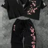 Men's Fashion Casual Menswear Two-Piece Set Outfit, Floral Sakura Pattern Print Regular Fit T-Shirt, Summer Loose Fit Short Sleeve Round Neck Tee & Long Pants Clothes, Matching Sets, Style Icon Set