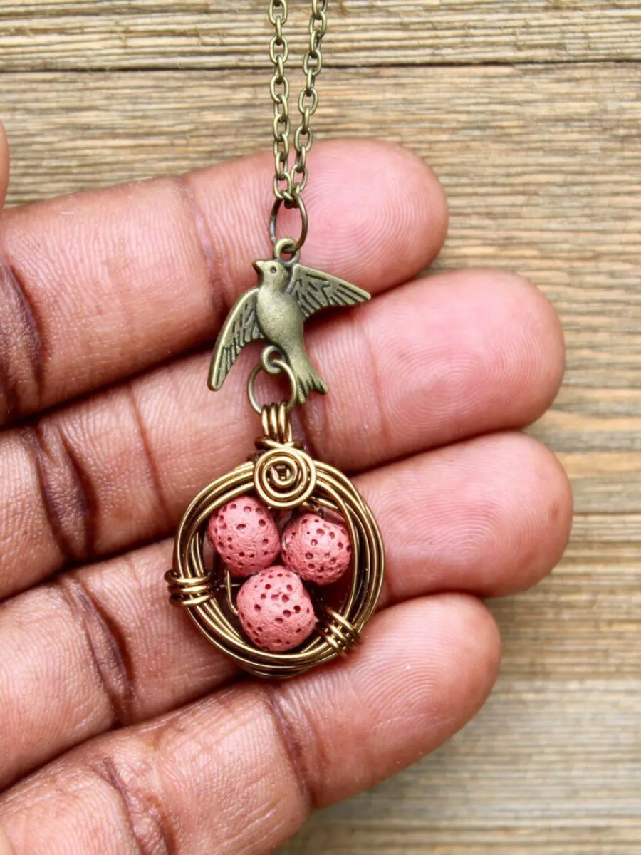 Red Bird's Nest Necklace, Diffuser Necklace, Bird's Nest Necklace, Lava Bead Necklace, Aromatherapy Necklace, Gift For Mom, Gift for Her.