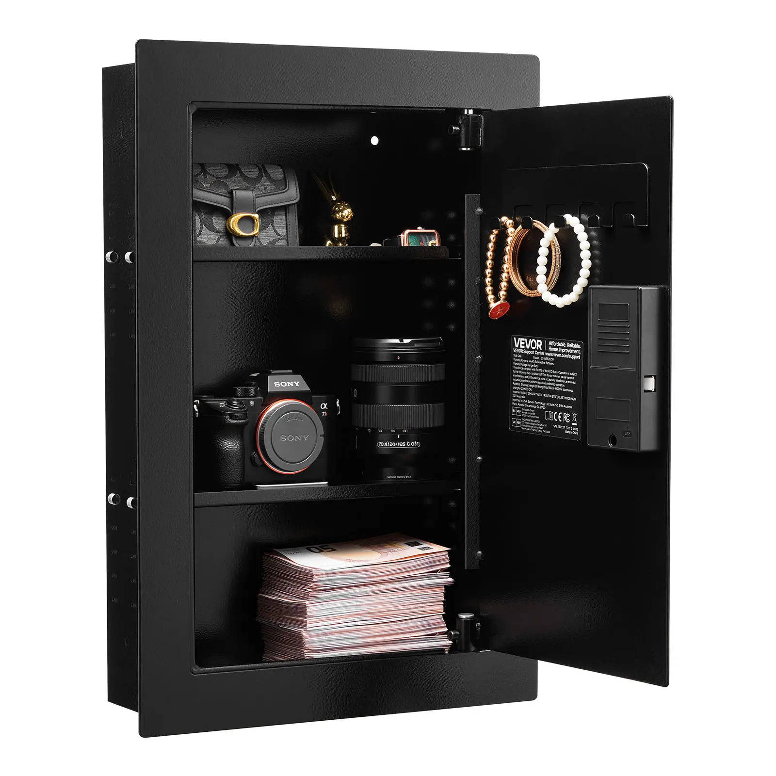【summerfinds】VEVOR Wall Safe, 3-Tier Hidden Wall Safe with Fingerprint, Password, Key & Turning Knob, Q235 Cold-Rolled Steel In-Wall Box with Adjustable Shelves & Key Holders for Money, Jewelry, Passport, Document