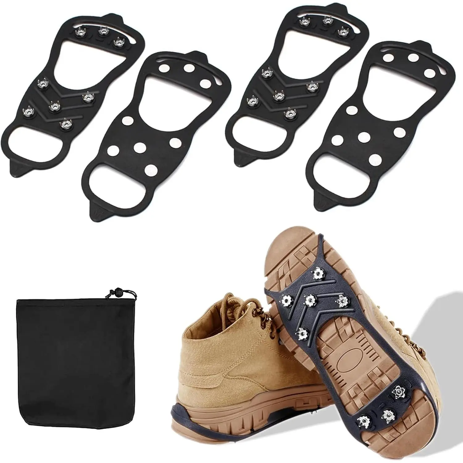 2 Pairs Ice Cleats for Shoes and Boots,Universal 8 Steel Studs Crampon Ice & Snow Grippers for Winter Hiking Climbing Ice Fishing,Anti-Slip