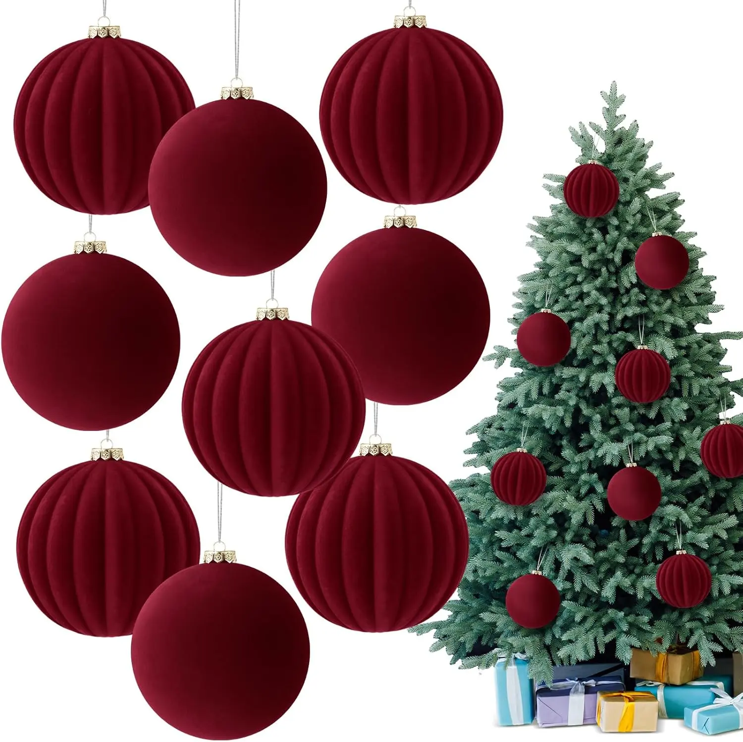 Velvet Christmas Balls for Christmas Tree, Flocked Ornaments Decorations Velvet Plastic Shatterproof Xmas  Baubles Decor Set for Christmas Tree Wall Front Door Porch Wreath Fireplace Home Holiday Party Christmas Gifts Navidad Decoración