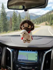 Jesus Crochet Car Hanging, Handmade Christian Rearview Mirror Charm, Jesus Holding Lamb Amigurumi Decor, Religious Car Accessory Gift