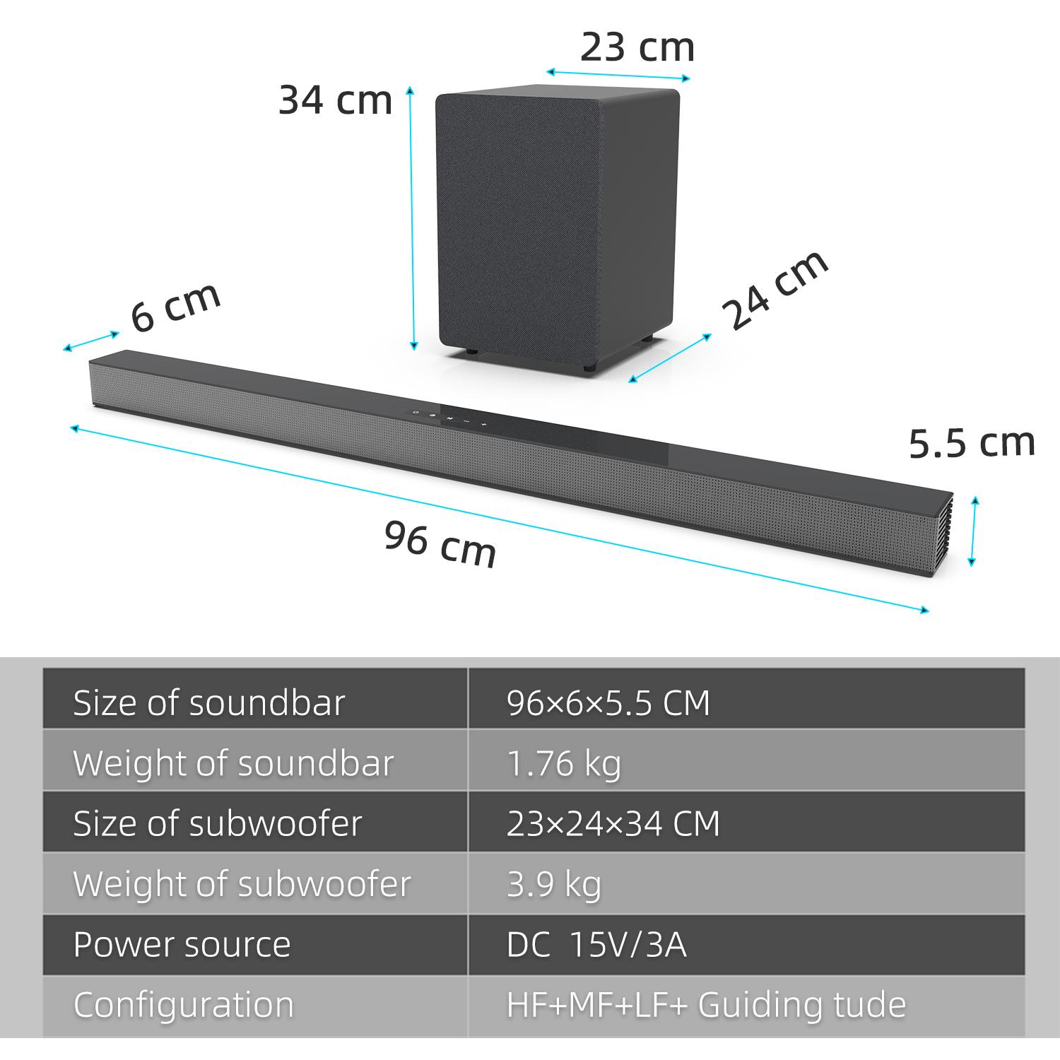 Bluetooth Soundbar With Subwoofer, 2.1 Heavy Bass Surround Sound System, TV Speaker, Home Theater Stereo, Bluetooth 5.0, AUX/USB/Optical/HD(ARC) Connection