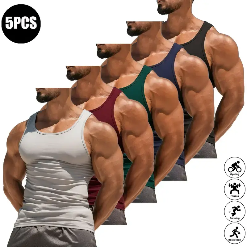 5 Pack Men's High Elasticity Lifestyle Beater Set, Slim Fit Athletic Tank Tops, Stretch Workout Undershirts for Gym Training, Running, Cycling, Basketball, Bodybuilding, Casual Daily Wear, Lightweight Breathable Sleeveless Base Layer, Everyday Activewear.