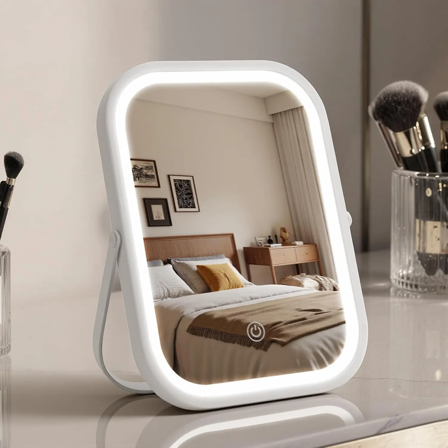 Rechargeable Travel Makeup Mirror, 1500mAH Battery, 8"×6" Small Vanity Mirror with Lights,3-Color Lighting, 360° Rotation, Portable Desk Mirror with Storage Pouch, Travel Essentials (White)