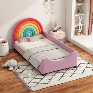 Twin Size Bed Frame for Girls, Princess Twin Bed with Headboard, Cute Twin Girl Bed, Rainbow Upholstered Twin Size Bed Frame for Kids,Colorful & Pink