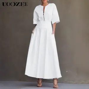 UOOZEE Women 2026 Office Ladies V-Neck Zipper Sheer Pure Cotton Pocket Long Dress, New Summer Half Sleeves High Waisted Commute A-line Maxi Dresses(we Recommend Sizing Up 1 Size for C Cup and Above)