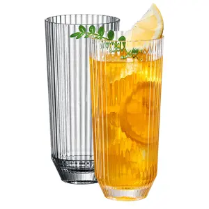 Khen Plastic Acrylic Ribbed Drinking Glasses – Set of 2 Clear 11.8oz Tritan Tumblers, European Style Shatterproof Drinkware – Durable, BPA-Free, Dishwasher Safe, Stackable & Unbreakable Plastic Cups
