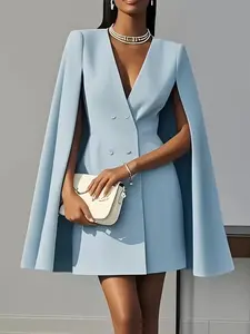 Women's Fashion Commuter Solid Blazers Dress Office Double Breasted Waist Party Dress Elegant V-neck Shawl Cape Sleeve Midi Dress in Solid Color