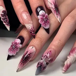 24 Pcs Handmade 3D Long Point Flower Nails, Floral Hand-Painted, Elegant Rhinestone Decorated, Glossy Sweet Cool Fake Nails, Includes Jelly Glue and Nail File, Glossy False Nails