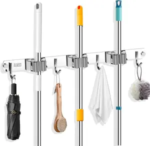Mop and Broom Holder Wall Mounted, 3 Racks and 4 Hooks Broom, Upgraded Stainless Steel Broom Holder Self Adhesive, Broom Organizer, Tools Organizer for Home Kitchen Bathroom Garden Balcony Dmikcav