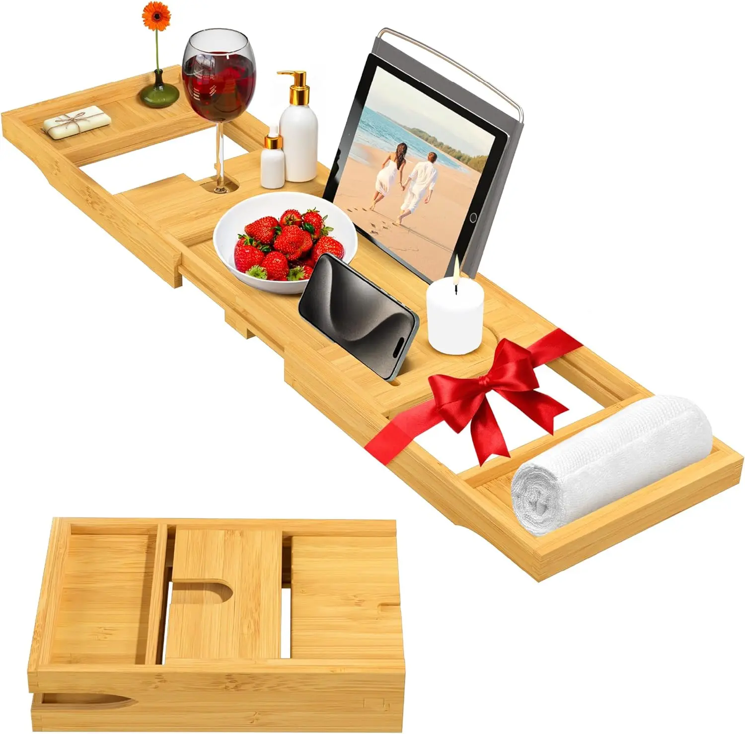 Bamboo Bathtub Tray Table - Collapsible & Adjustable