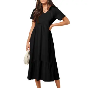 ANRABESS Women's Summer Short-Sleeve V-Neck Flowy Tiered Maxi Dress with Pockets, Casual Beach Wear