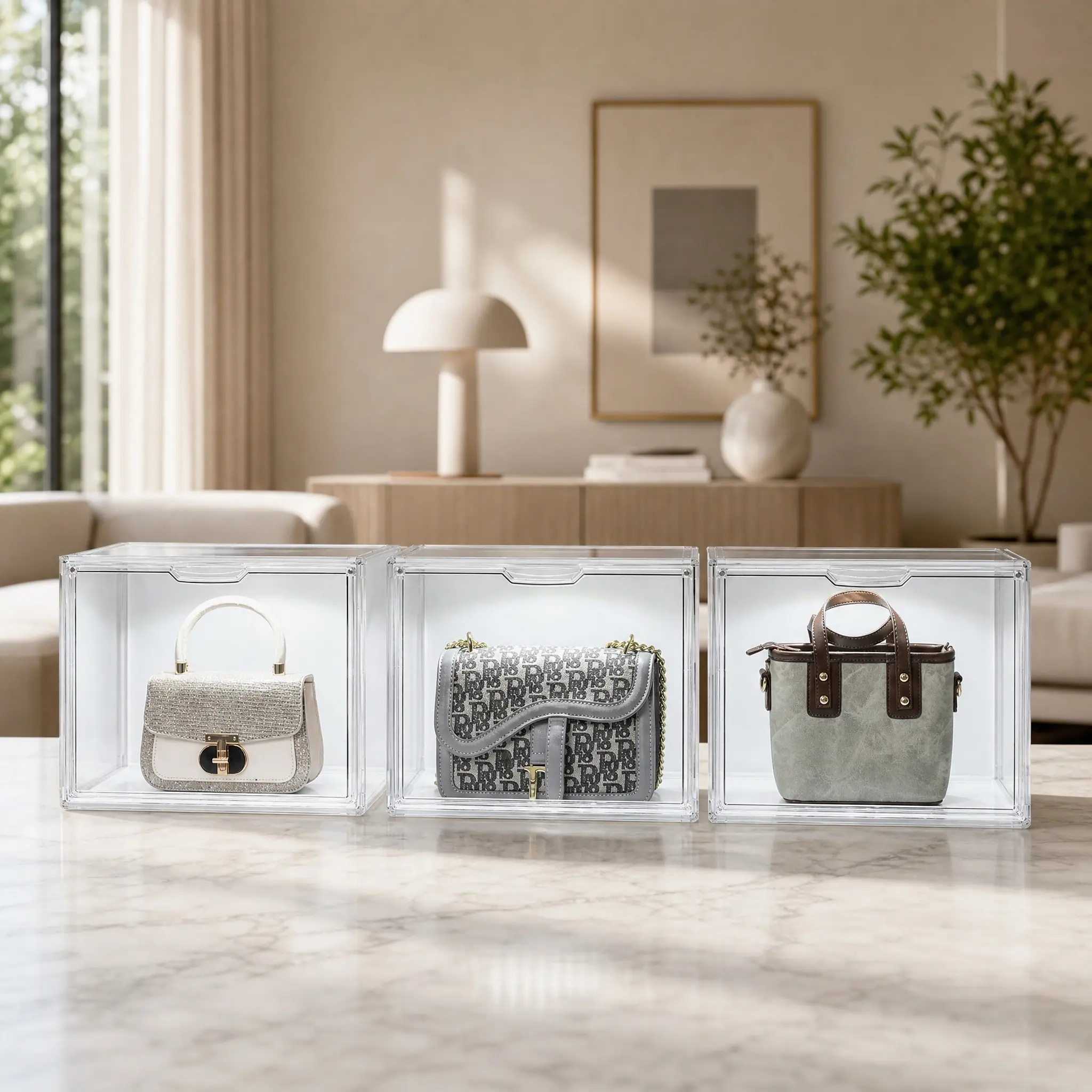 1Pcs Clear Acrylic Display Case with Light, Dustproof Stackable Showcase for Collectibles, Figures, Shoes, Toys, and Jewelry - Plastic Storage Bins with Voice-Controlled Lighting