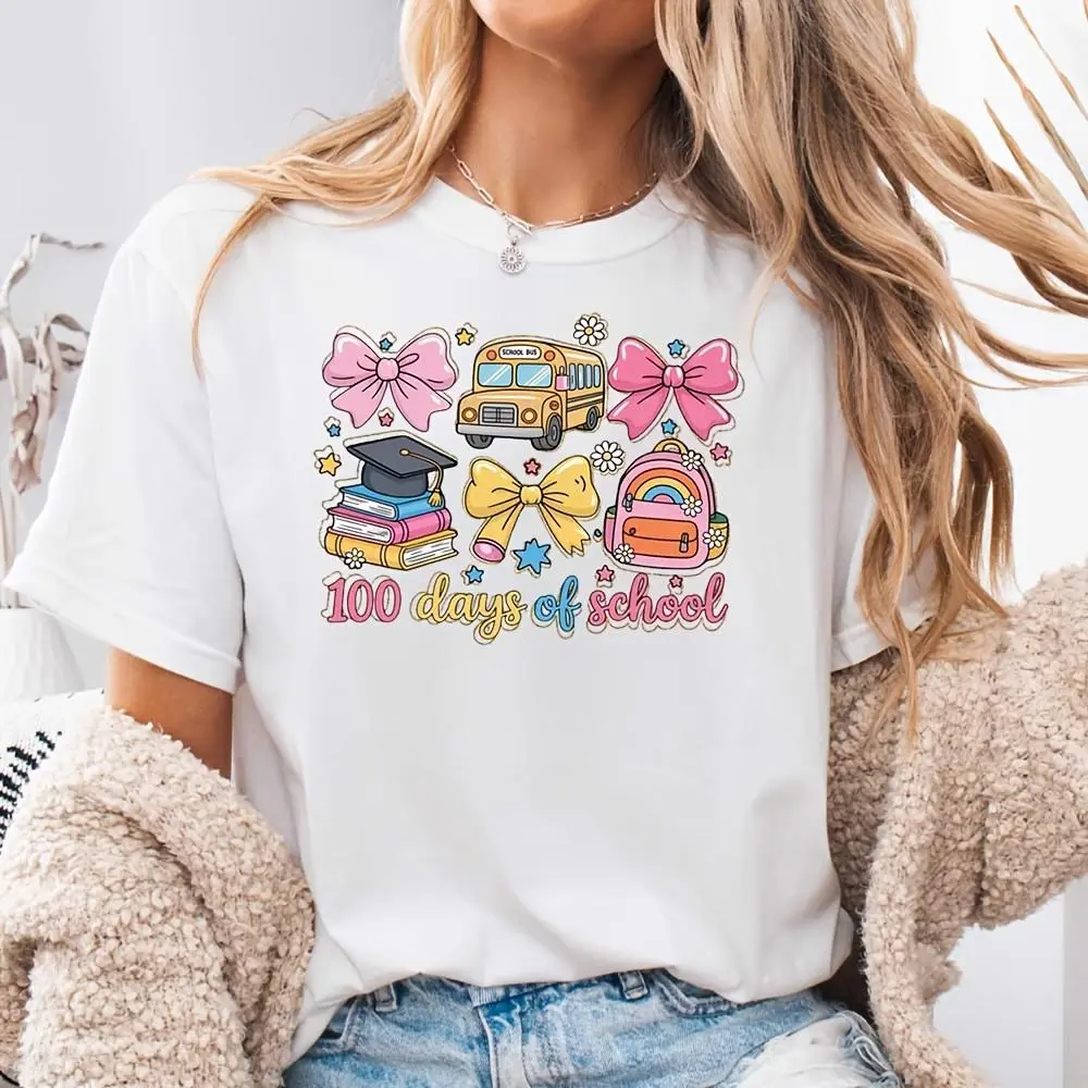 100 Days Of School Bus Bow Backpack Print, Neck Drop Shoulder T-Shirt, 100th Day Celebration Gift, Back To School Classroom Party