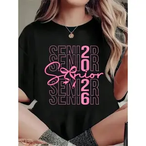 2026 New Bow T-shirt Pink Bow Graduation 2026 T-Shirt, Casual Crew Neck Short Sleeved Summer Top