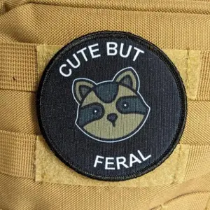 Cute but feral raccoon meme 3" circle removable morale patch with hook and loop backing