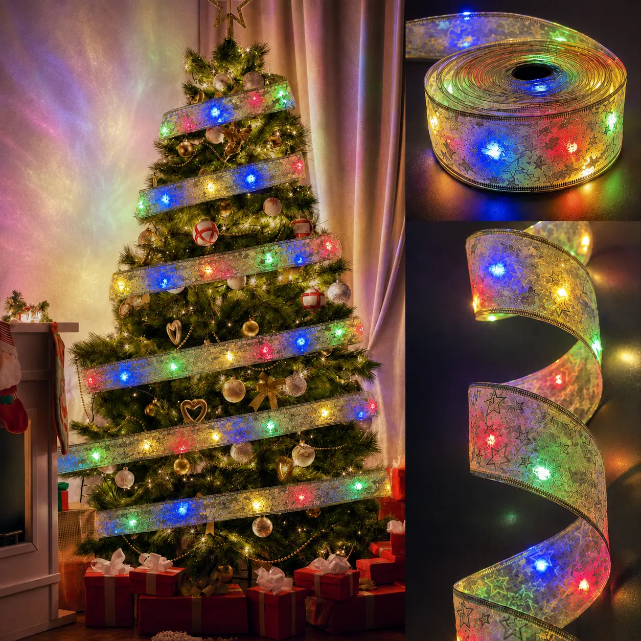 Christmas Decorations - 2Inch x 33Ft 100 LED Lights Gold Edge Wired Ribbon Fairy Lights for Xmas Tree Wedding Birthday Party Home Holiday Decor