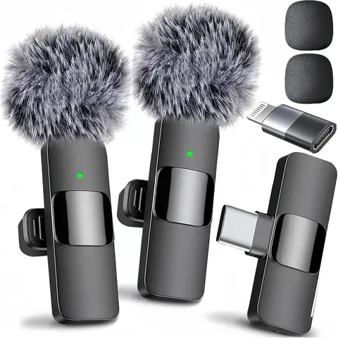 2Pack Professional Wireless Lavalier Lapel Clip Microphone Kit - Cordless Omnidirectional Condenser Mic with Receiver, Remote for Lightning iPhone, Smartphone, iPad, Handheld Device - Noise-Reducing Rechargeable Vlogging Equipment for Interview, Recording