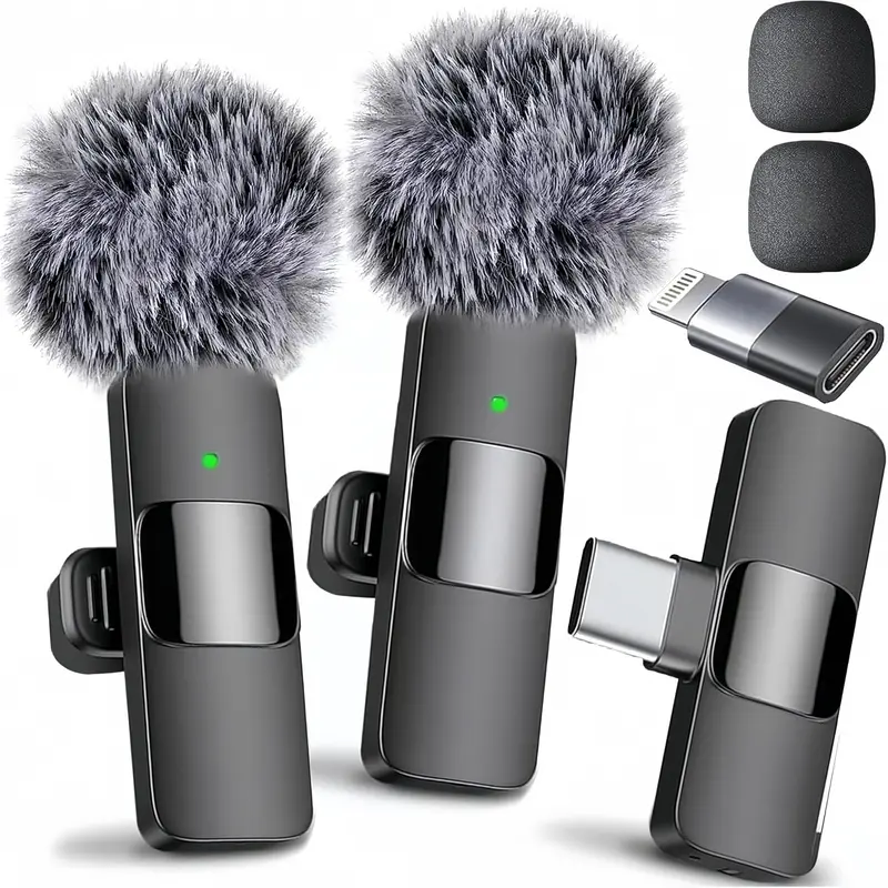 2Pack Professional Wireless Lavalier Lapel Clip Microphone Kit - Cordless Omnidirectional Condenser Mic with Receiver, Remote for Lightning iPhone, Smartphone, iPad, Handheld Device - Noise-Reducing Rechargeable Vlogging Equipment for Interview, Recording