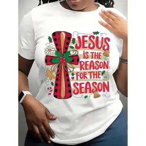 Jesus Is The Reason For The Season Christmas Cross T-Shirt Women's Holiday Christian Christmas Shirt With Plaid Cross