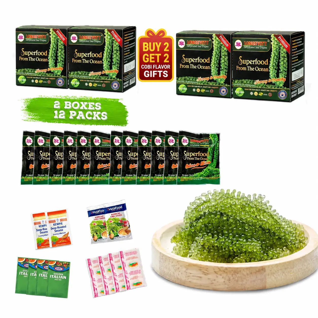 [Buy 2 Get 2 Gifts Free] 2 BOXES Longevity Dehydrated Sea Grapes - COMBO 2 BOXES 12 Packs Green Caviar Umibudo Latok Seaweed Organic Premium Quality Crunchy Flavor Superfood From The Ocean