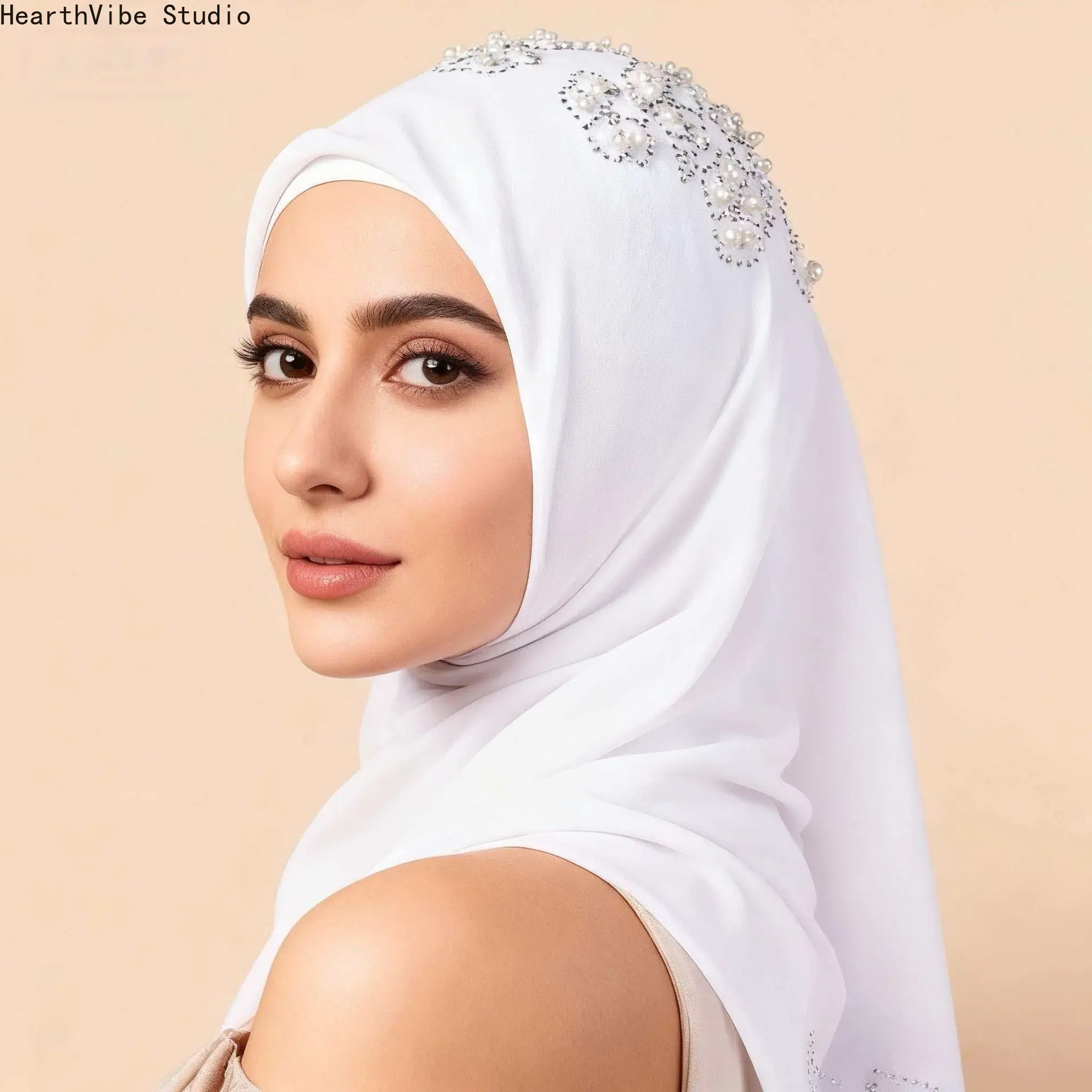 Muslim Women's Luxury White Chiffon Sports Headscarf - Premium Soft Breathable, Pearl & Crystal Embroidery, Bridal Shawl for Wedding & Eid Parties