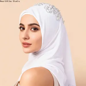 Luxury White Chiffon Hijab with Elegant Pearl & Crystal Embroidery, Premium Soft Breathable Headscarf, Bridal Muslim Women Shawl for Wedding & Eid Party Wear