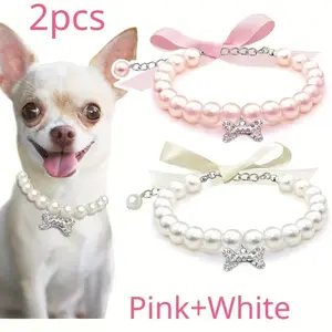 2 Pcs Dog Cat Pearl Collar Necklace with Rhinestone Bone, Fancy Cat Wedding Collar Jewelry for Girl Cat Puppy Dogs Accessories(Pink+White)