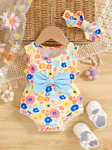 Baby Girl Colorful Floral One-Piece Swimsuit, Sweet Fresh Style, Full Print, Large Bow Decor, Pearl Trim, 0-3 Years, Pool & Beach Wear