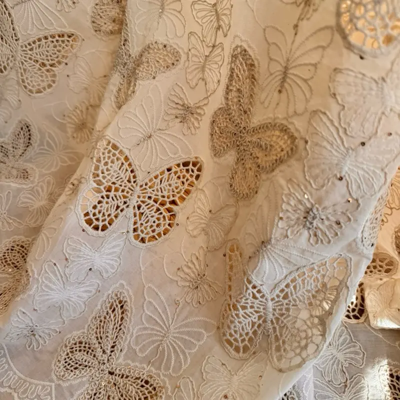 Cotton Fabric with Butterflies, Sequins, Eyelet Lace Beige Color, Embroidered Material 53’’ Wide, Perfect For Dress, Vintage Curtain, Decore