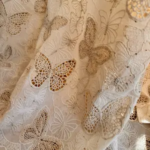 Cotton Fabric with Butterflies, Sequins, Eyelet Lace Beige Color, Embroidered Material 53’’ Wide, Perfect For Dress, Vintage Curtain, Decore