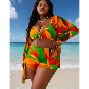 2026 Plus Size 3-Piece Tropical Geometric Swimwear Set Adjustable Tie-Front Top High-Waisted Shorts Sheer Kimono Cover Up for Beach Trips