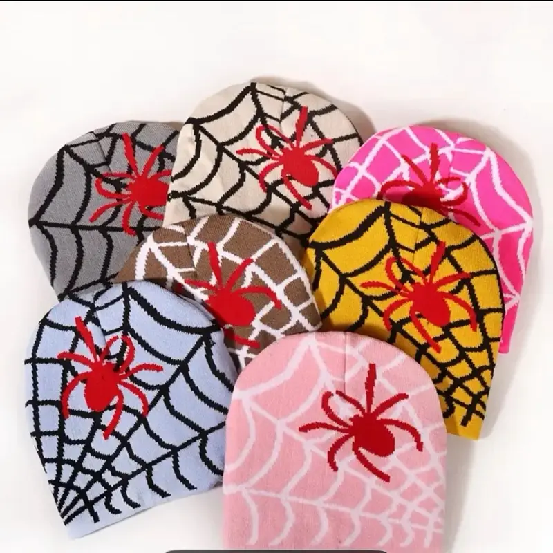 Warm Beanie Autumn Winter Warm Color-blocked Spider Web Pattern Knit Beanie Men's Brimless Hat for Outdoor Holidays in Snowy Weather