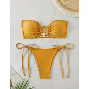 Turquoise Solid Color Bandeau 2 Piece Bikini Set with Sleek Ring-Linked Tube Top and Tie-Side High-Cut Bottoms