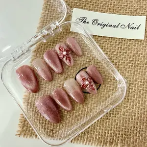 Rose Gold Cat Eye 3D Flower Pearl Press On Nails, Handmade Reusable Almond False Nails