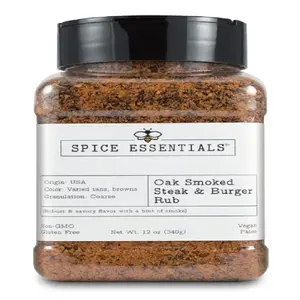 Raw Essentials TX Oak Smoked Steak and Burger Rub - Robust, Savory, and Peppery Blend - Vegan, Paleo, Gluten-Free, Non-GMO - 12 Ounce Bottle