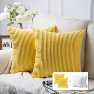 Fluffy Corduroy Velvet Solid ColorAccent Decorative Throw Pillow for Couch, 18" x 18", Yellow, 2 Pack
