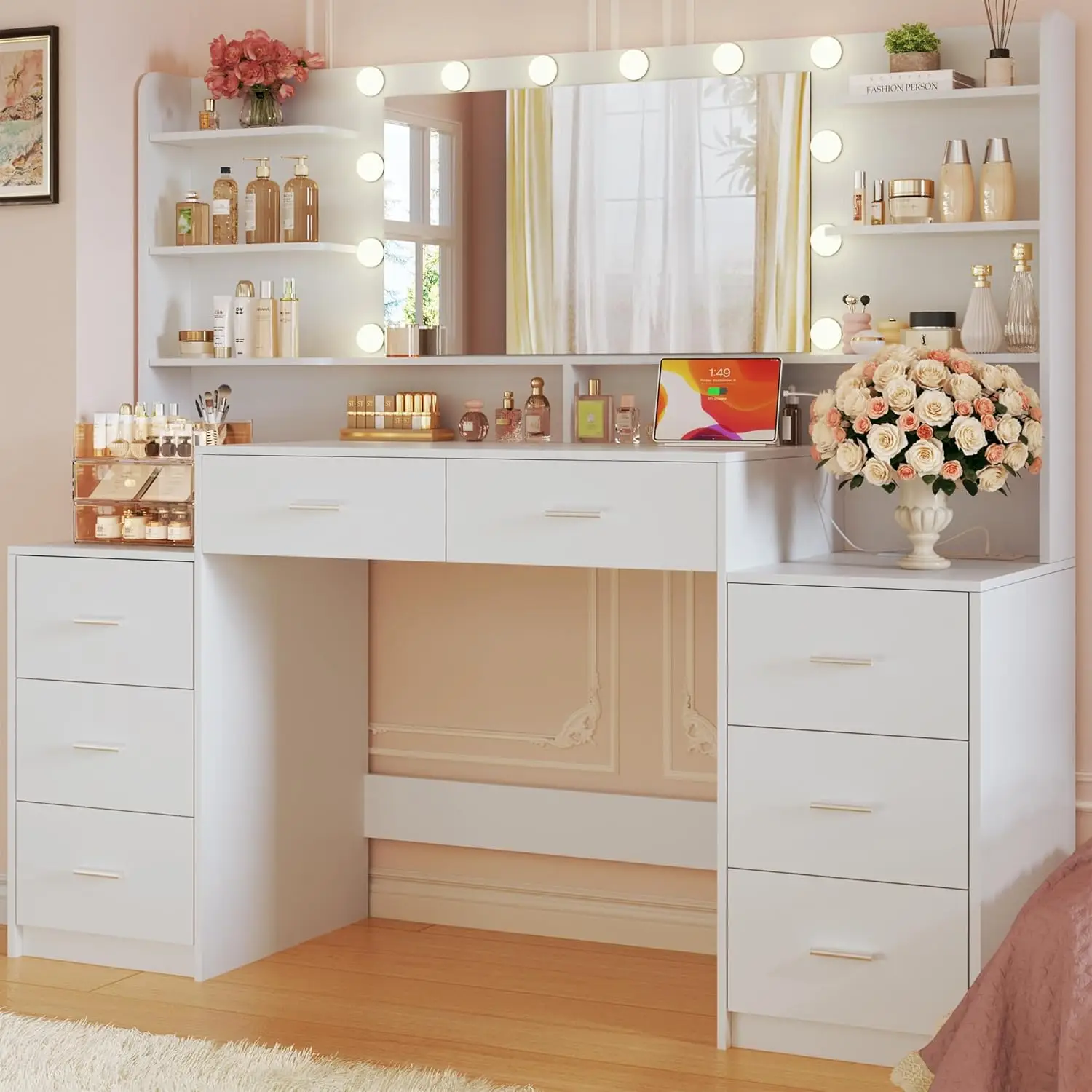 Large Vanity Desk with Mirror & Lights, White Makeup Vanity with 8 Drawers & 6 Storage Shelves, Vanity Set with LED Lights and Power Outlet, 3 Lightin