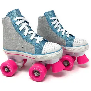 Fashion Light Up Quad Roller Skates for Girls – Durable Top Performance Indoor/Outdoor Use, Sparkle Silver & Teal High-Top Boot Safety, 54mm Urethane Wheels, Adjustable Chassis & Trucks