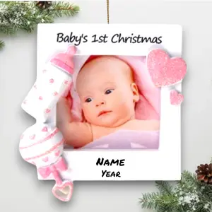 Personalized Baby’s 1st Christmas Pink Picture Frame Ornament – Custom Name & Year – Baby Girl Photo Keepsake – Noel Box