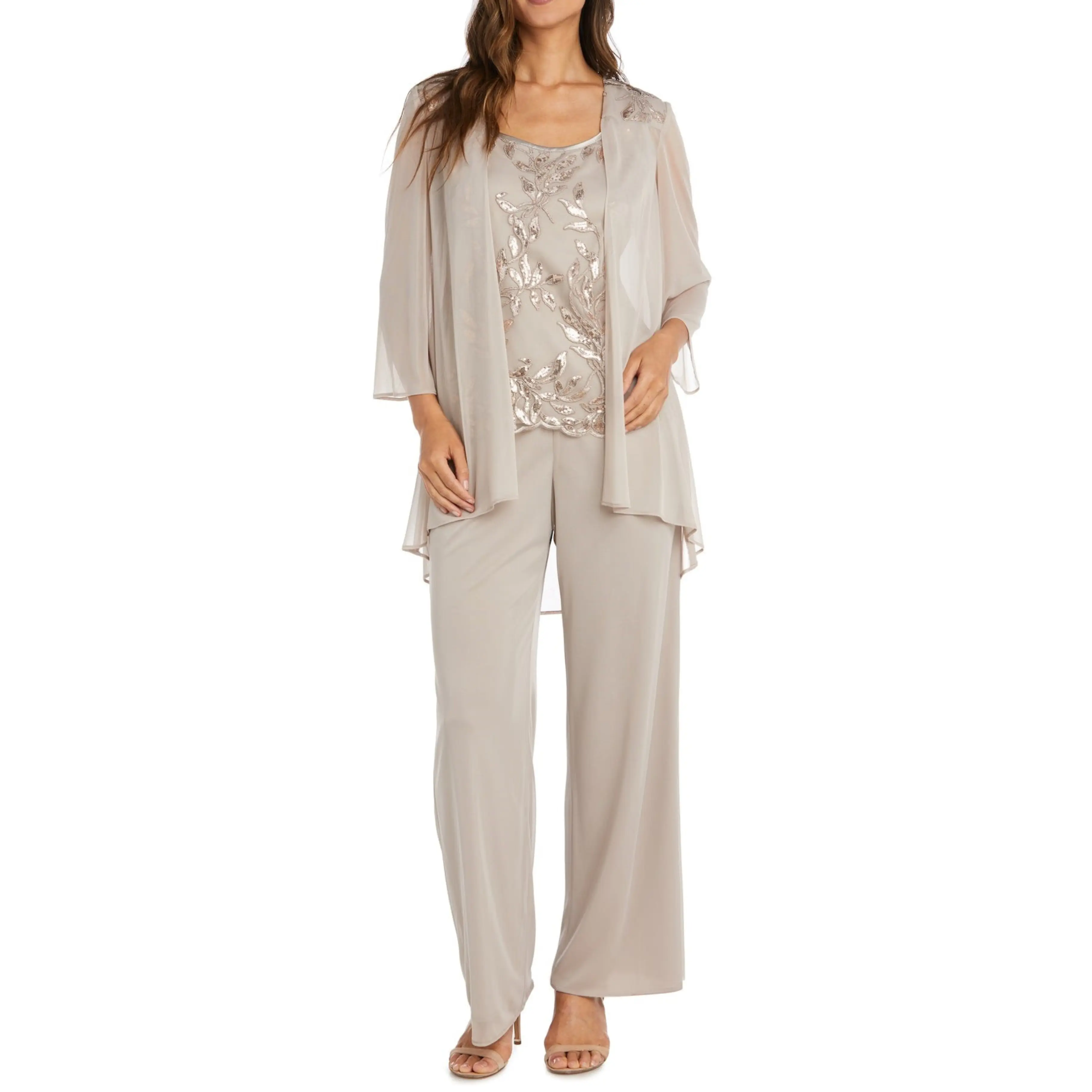 Champagne 3-Piece Embroidered Sequin Pants Set with Sleeveless and Beaded Detail by R&M Richards 42734