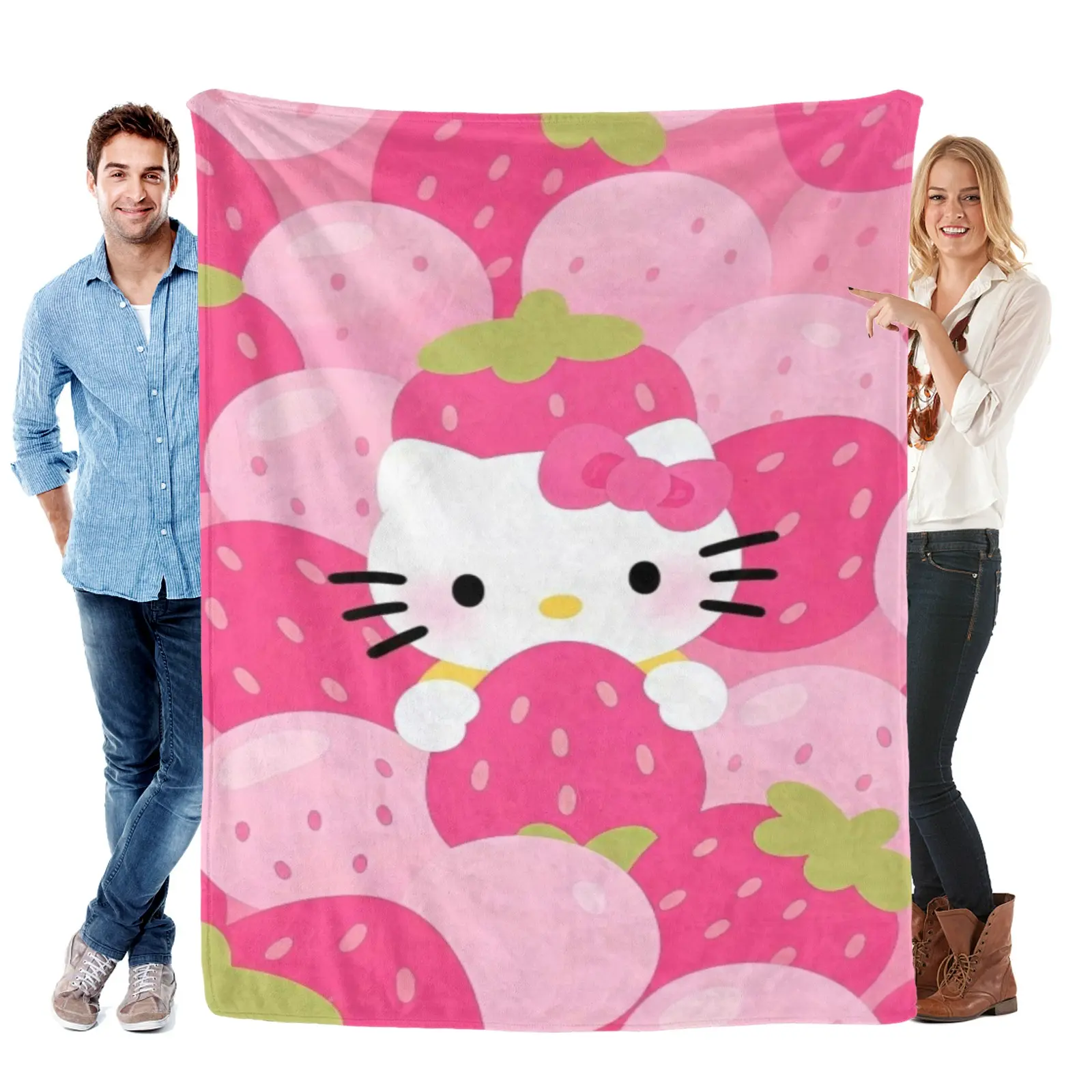 [Summervibes] Sanrio Kawaii Strawberry Hello Kitty Blanket - Skin Friendly Washable Flannel, Foldable Cartoon Printing Throw Blanket For Camping, Picnic, Outdoor Daily Use