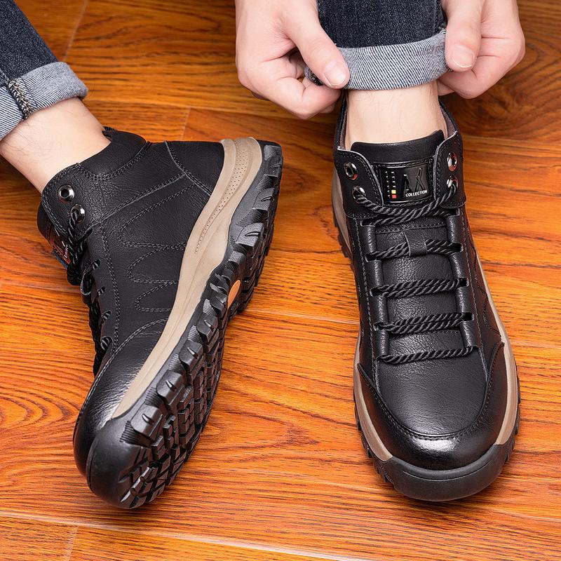 Men's New Fashion Mid-top Casual Shoes Lace-up Outdoor Hiking Leather Boots  Closed Boy Training Trainer Runner Athletic Running Footwear Rubber