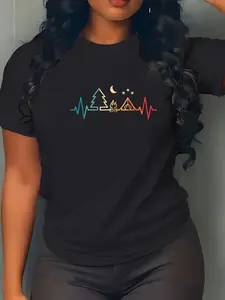 100% Cotton Unisex Retro Camping Outdoor Heartbeat Nature Camper Hiking T-Shirt Casual Graphic Printed Vintage Tshirt